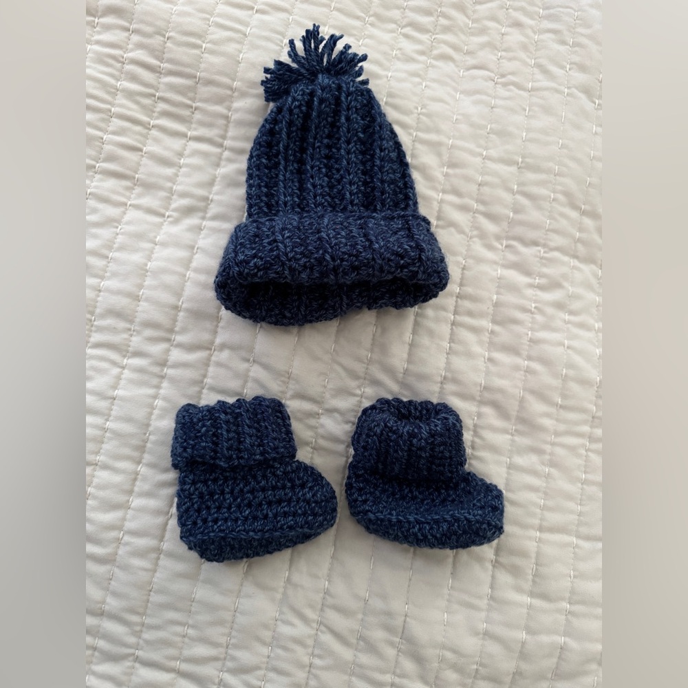 Navy Blue Knit Baby Hat and Booties Set